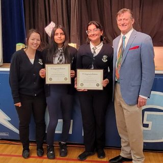 Teacher Ms. Amber Araki With 2nd Prize (grades 7-9) Eshmeet Kau And 3rd Prize Noor Bata With Mark Ruthenberg At Sir Wilfrid Laurier School