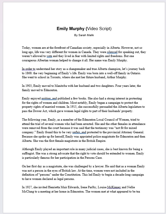 Emily Murphy video script - by Sarah Malik