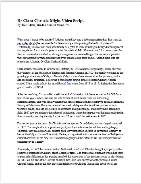 Dr Clara Christie Might - view the video script