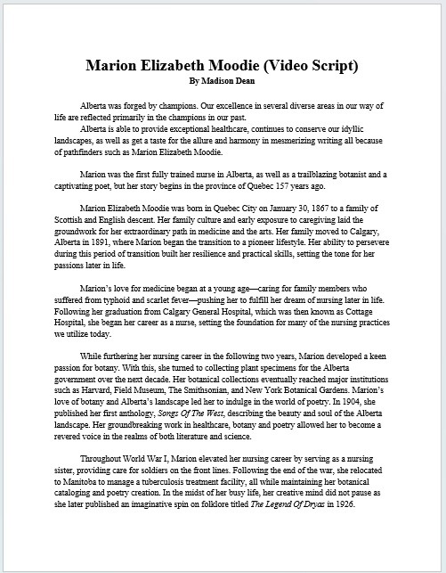 Marion Elizabeth Moodie - view the video script