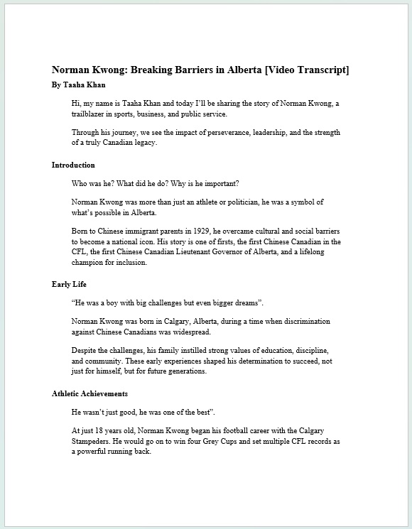 Norman Kwong - view the video scrpt